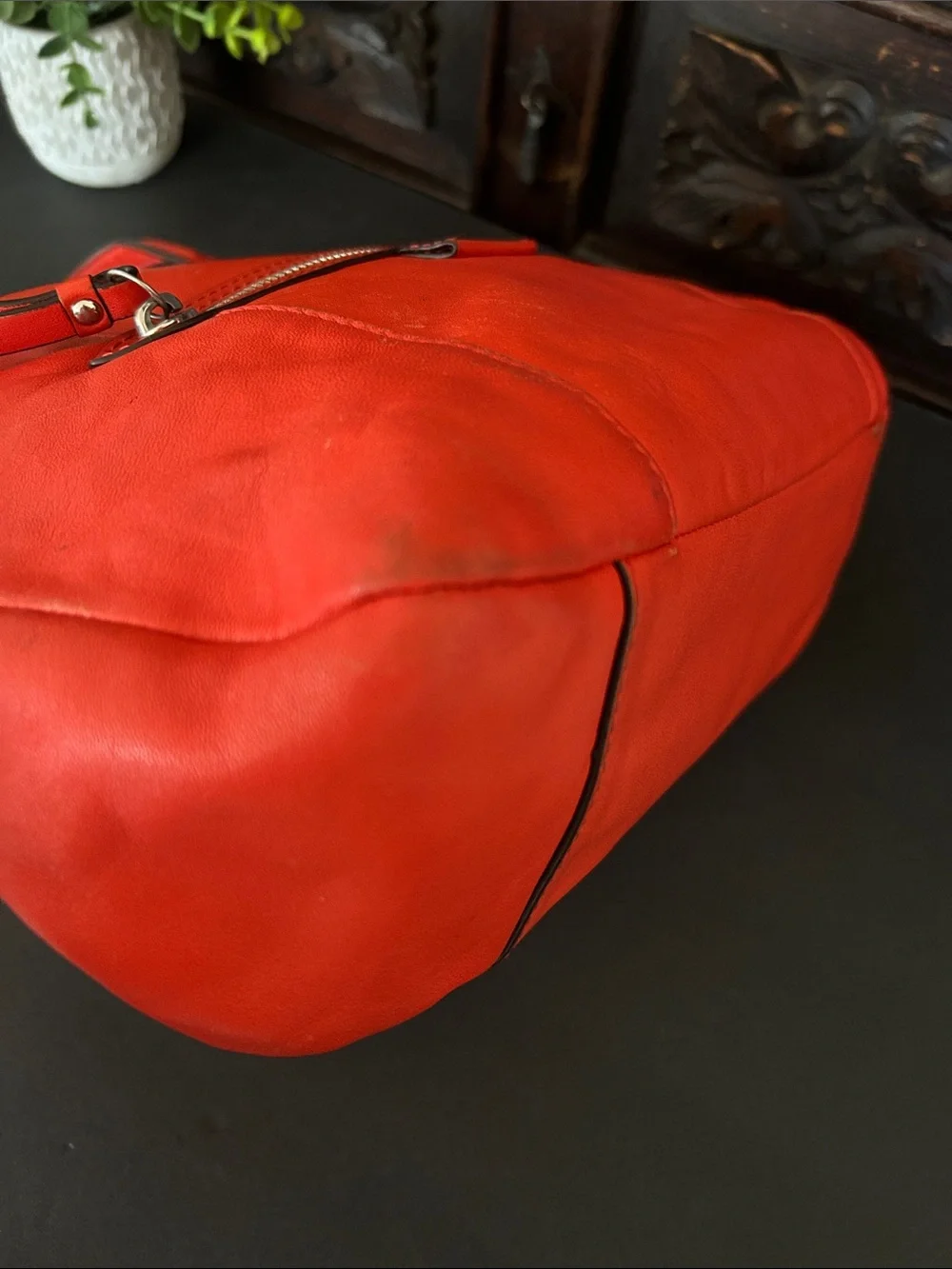 Coach Orange-Red Leather Shoulder Tote with Front Zip Pocket